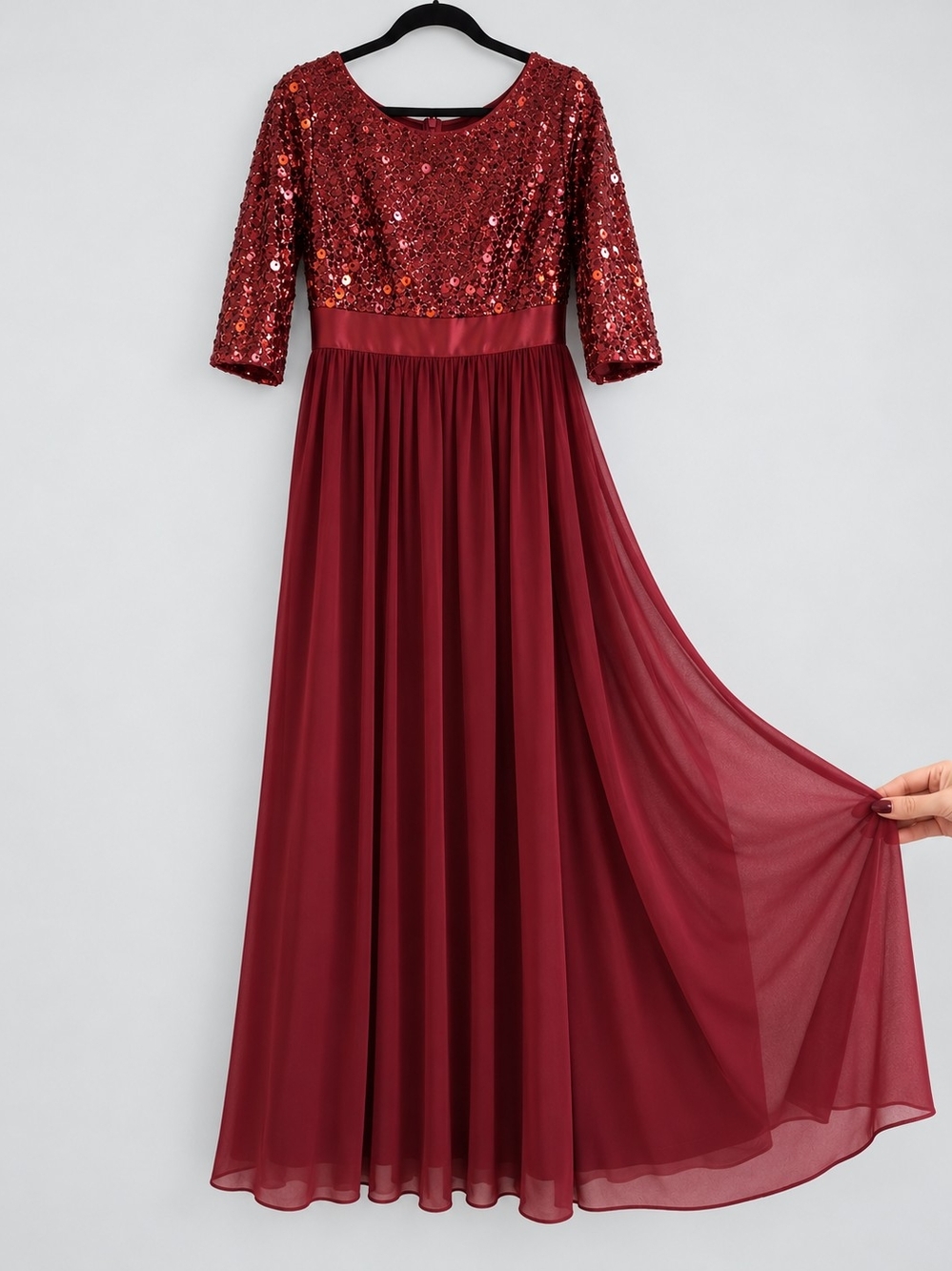 Ever Pretty Burgundy Sequin Bodice Long Sleeve Evening Gown